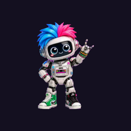Mavi ve pembe mohawklı beyaz robot maskot AKIL
